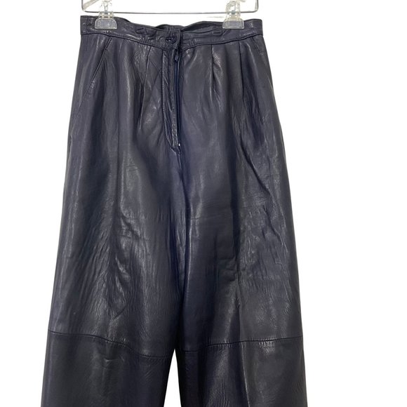 Vintage Blue Leather Pants Womens Pleated Front Side Pockets Cuffed Hem Sz Small - Picture 4 of 5